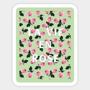 La Vie En Rose - scattered pink vintage roses on green, pink tee Sticker